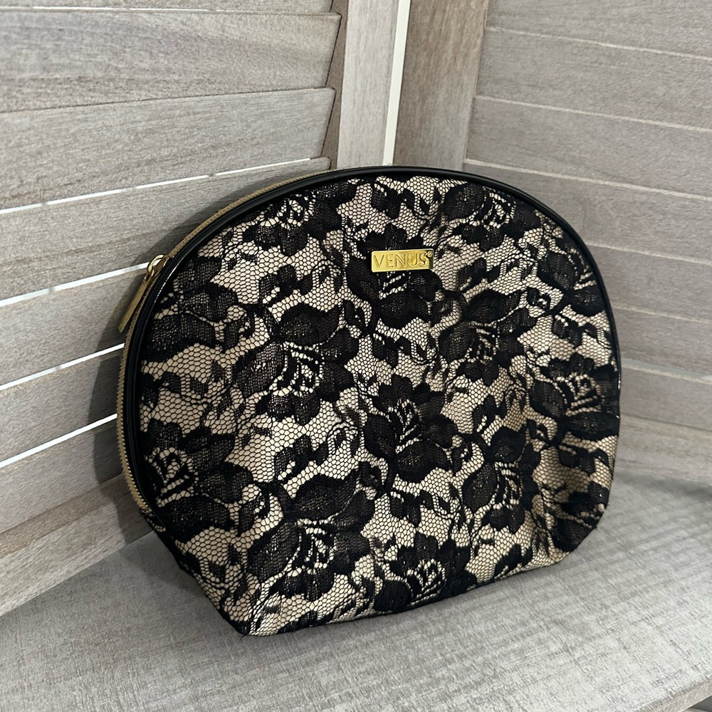 Venus Elegant Black Lace & Gold Accented Makeup Bag